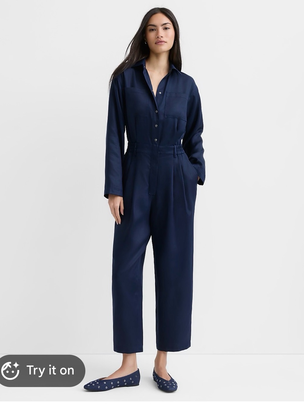 LOFT Navy Button-Front Long-Sleeve Jumpsuit